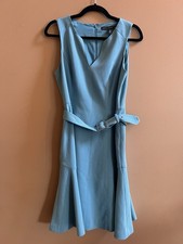 White House Black Market Blue Belted Dress Size 4 Sleeveless Fit Flare Midi