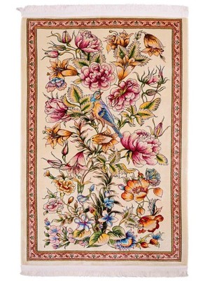 Khademi Ghom Orientteppich  Jamshid  90x60 cm, Cremeweiß | Gewebt aus Viskose