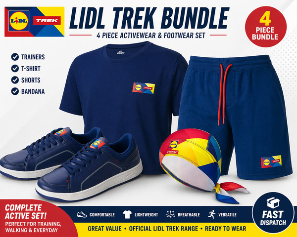 CONJUNTO CONJUNTO COMPLETO DE ATUENDO LIDL TREK Entrenadores Camiseta Pantalones Cortos Bandana Azul Festival Rave Bun