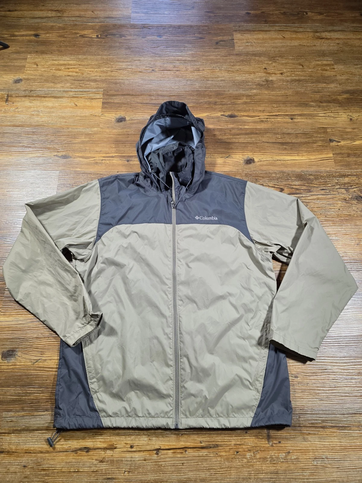Columbia Jacket Mens Large Hooded Full Zip Windbreaker Outdoor Gray Tan Nylon