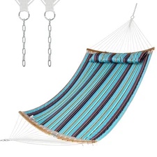Portable Hammock w/ Pillow Curved Bamboo Spreader Bar Chain Indoor Outdoor Blue