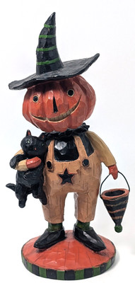 HALLOWEEN BOBBLEHEAD PUMPKIN MAN WITH CAT AND BUCKET  WOOD CARVED STYLE FIGURINE