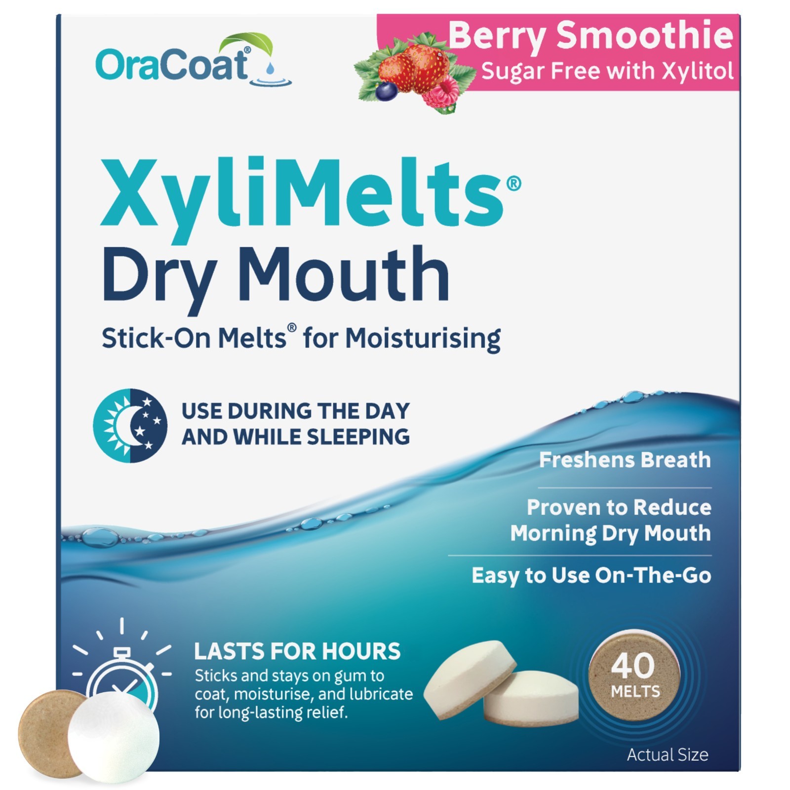 OraCoat XyliMelts Berry Smoothie 40 Discs for Dry Mouth| Night-Time Relief