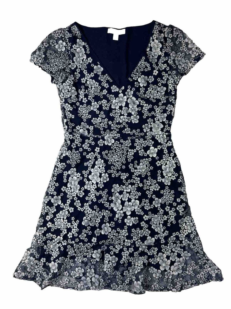 Michael Kors Navy Blue Floral Embroidery V-Neck Flare Cap Sleeve
