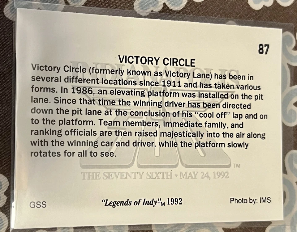 Victory Circle - Legends Of Indy 1992 Card #87 Indianapolis Motor Speedway - Image 2 of 2