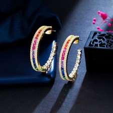 Gold Plated Hoop Earrings Rainbow Cubic Zirconia Women Jewelry for Wedding Party