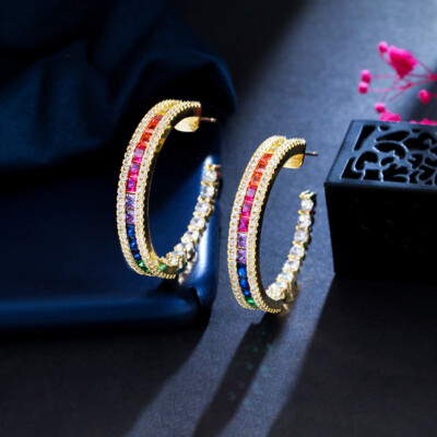 Gold Plated Hoop Earrings Rainbow Cubic Zirconia Women Jewelry
