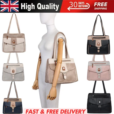 WOMEN'S VEGAN SOFT LEATHER VINTAGE HANDBAG SHOULDER BAG MULTIPOCKETS & DURABLE - Image 1 of 4