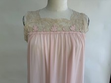 I. Magnin Vtg Nightgown Negligee Pink Nylon Lace Yoke Straps Applique Leaves S