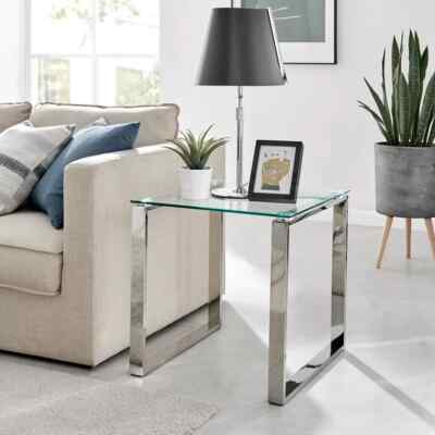Quadratischer moderner Klarglas Sofa Beistelltisch Silber Chrom Tisch Couchtisch Nachttisch