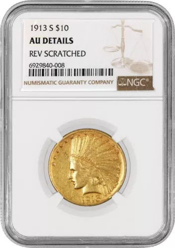 1913 S $10 Indian Head Eagle Gold NGC AU Details Reverse Scratched Coin