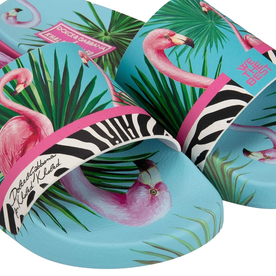 DOLCE & GABBANA x DJ KHALED Women Slides Sandals Shoes Flamingo Zebra Blue Pink - Image 4 of 4