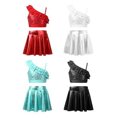 Kinder Mädchen Outfits Rock Tanzkleidung ausgestellt Set Pailletten Uniform Latein Kostüm Jazz