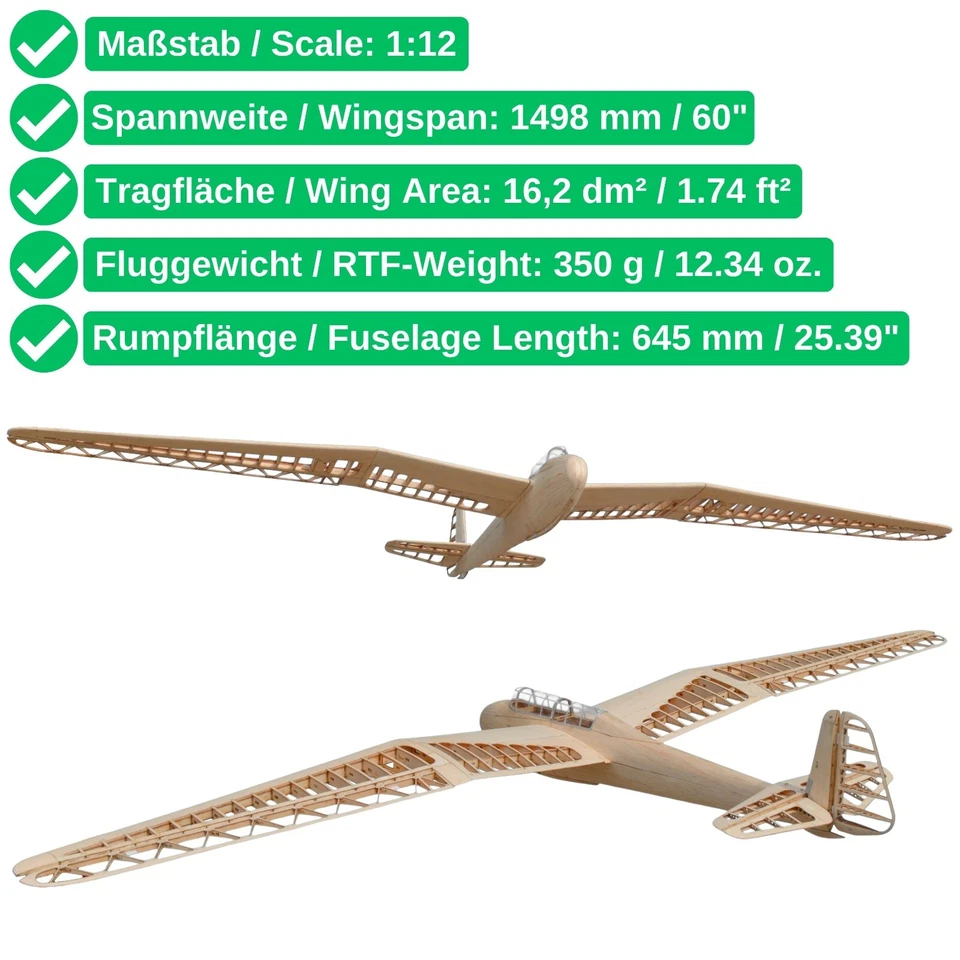 DFS Kranich Modellflugzeug Bausatz 1498 mm Spannweite Holz Segelflugzeug Kit - Bild 2 von 4