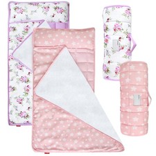 Toddler Nap Mat Daycare with Pillow and Soft Fleece Minky Blanket Pink 2 Pack