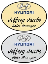 1 GOLD & 1 SILVER OVAL HYUNDAI PERSONALIZED NAME BADGES W/ SAFETY PIN FASTENER
