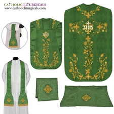NEW Green Roman Chasuble Fiddleback Vestment and Mass set, IHS embroidery, FELT