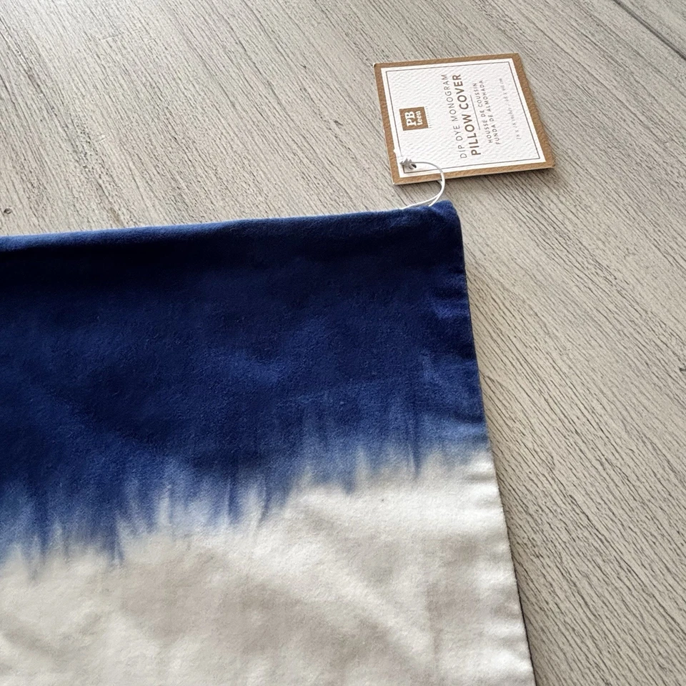 New POTTERY BARN TEEN Blue White Dip Dyed Velvet Square Pillow Cover 18” X 18” - Image 2 of 4