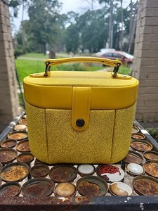 VINTAGE '97 Wolf Designs Inc Yellow Sparkle Jewelry Box Travel Case With Mirror 