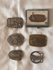 Vintage Brass Belt Buckle Lot Aviation Kansas Whale  St Christopher Boat Medal