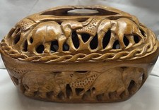 South African Carved Wooden Oval Lidded Basket With African Animals 11.5” Long