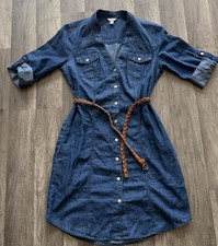 GUESS Blue Denim Shirt Dress Button Front Belted Collared Knee Length S/P