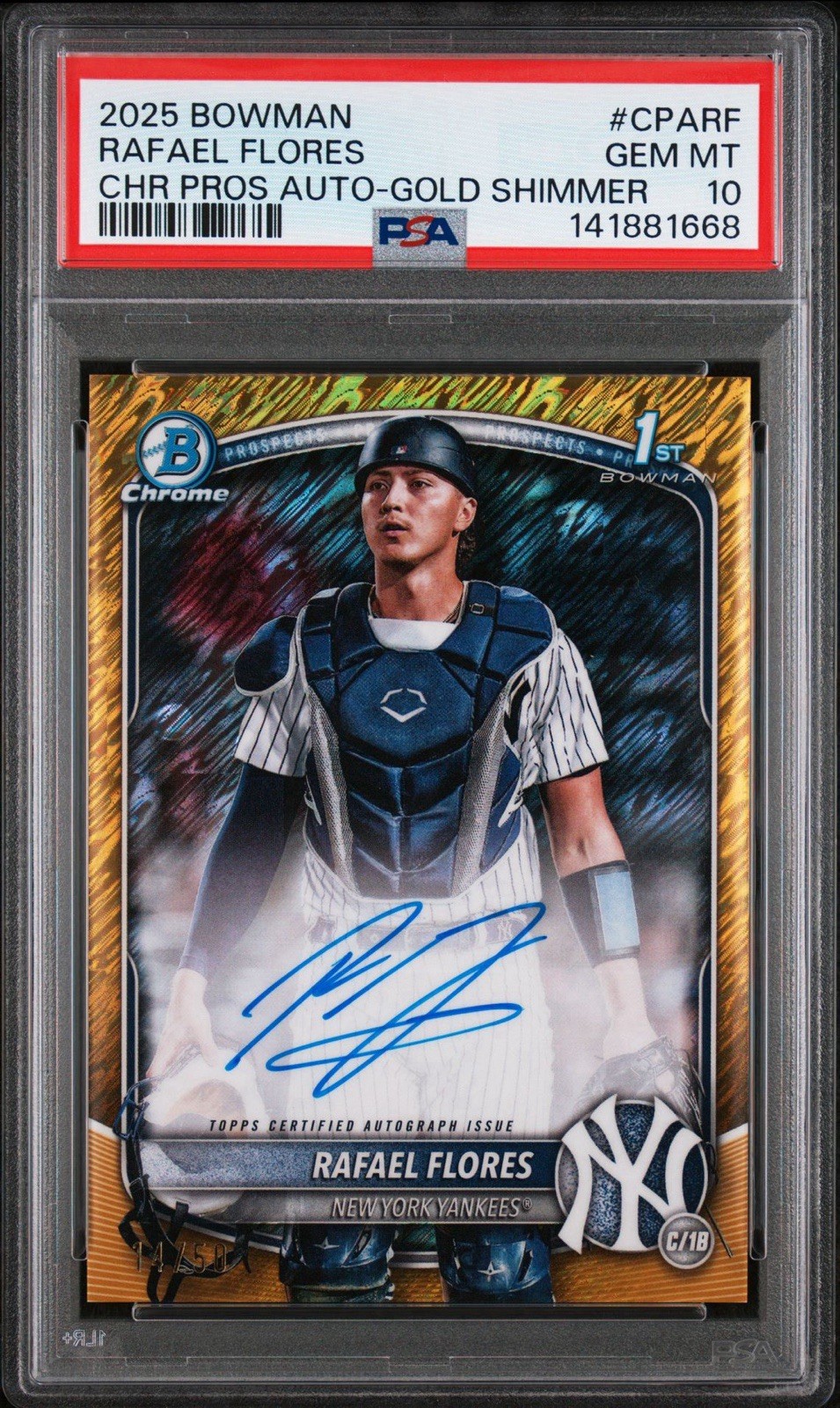 2025 Bowman Chrome Rafael Flores 1st Gold Shimmer Refractor Auto /50 PSA 10