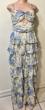Lulu’s Long Dress Blue Floral on Beige Organza Layered Ruffles (L) Small NWT