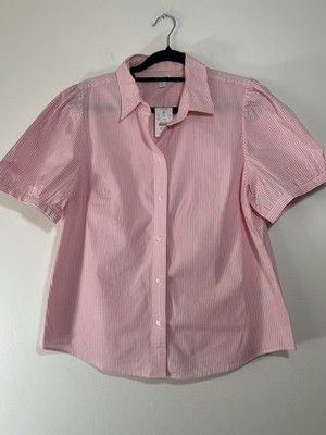 J Crew Pink Stripe Puff Sleeve Button Shirt Size Large New w/tags