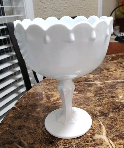 Vtg Milk Glass Teardrop Compote Pedestal Bowl- Indiana Glass Co 7.5”