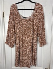 Yours Clothing Women Plus Size Floral Elasticated Neckline Top Brown Cream 22-24