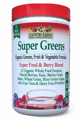 Country Farms Super Greens Organic Super Food Powder Drink Berry 9.88oz 6 Pack