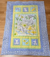 Baby Quilt 25.5" x 50" Bunnies Lambs Ducks Butterflies Blue/Yellow Color Scheme