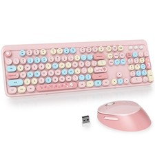 GTSP Typewriter Pink Keyboard and Mouse Wireless, Full-Size Colorful Cute Off...