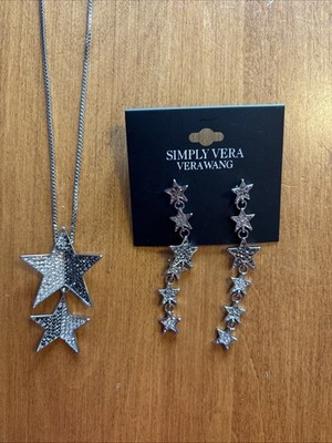 Simply Vera Wang 28  Pendant Star Necklace & 3  Star earrings Set Silver Tone