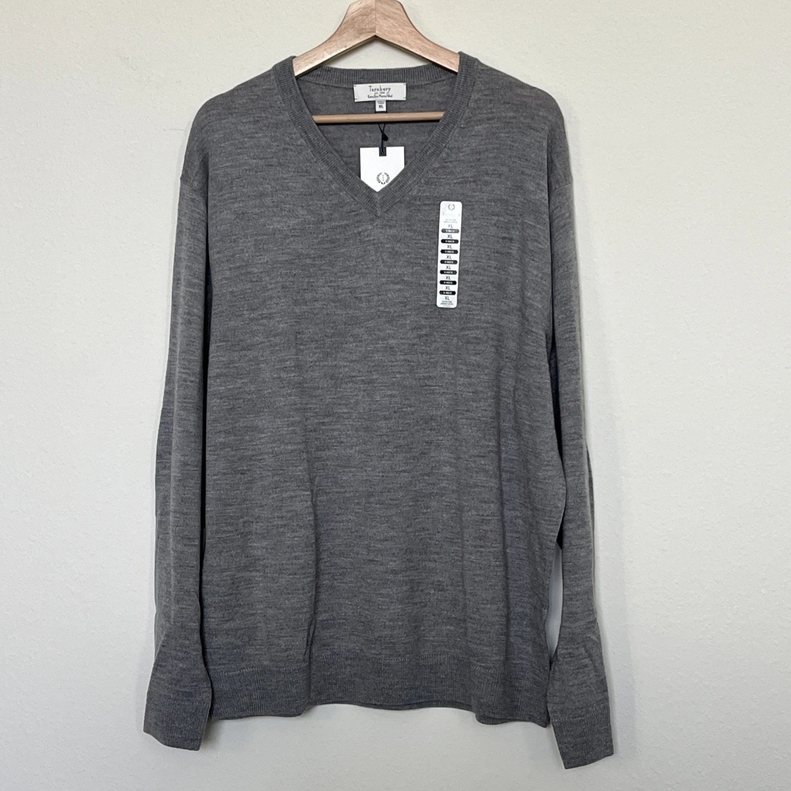Mens TURNBURY MERINO WOOL Light Gray Sweater Pullover V-Neck Long Sleeve Sz L