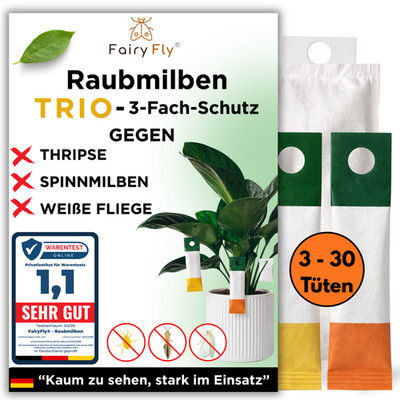 Raubmilben TRIO gegen Thripse, Spinnmilben & Weiße Fliege 3 - 30 Tüten FairyFly 