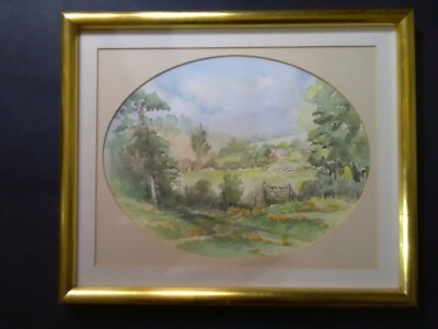 Vintage Aquarell Landschaftsgemälde, ländlich, Bauernhof, Schaf, Wiese, Peter weiß