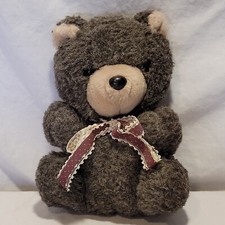 Vintage Teddy Bear Plush Gray Stuffed Animal Toy Ribbon 8" Brown Eyes Black Nose