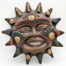 Art Pottery Sun Face Wall Decor Brown Yellow Hanging 11.5  Diameter Tribal 3D