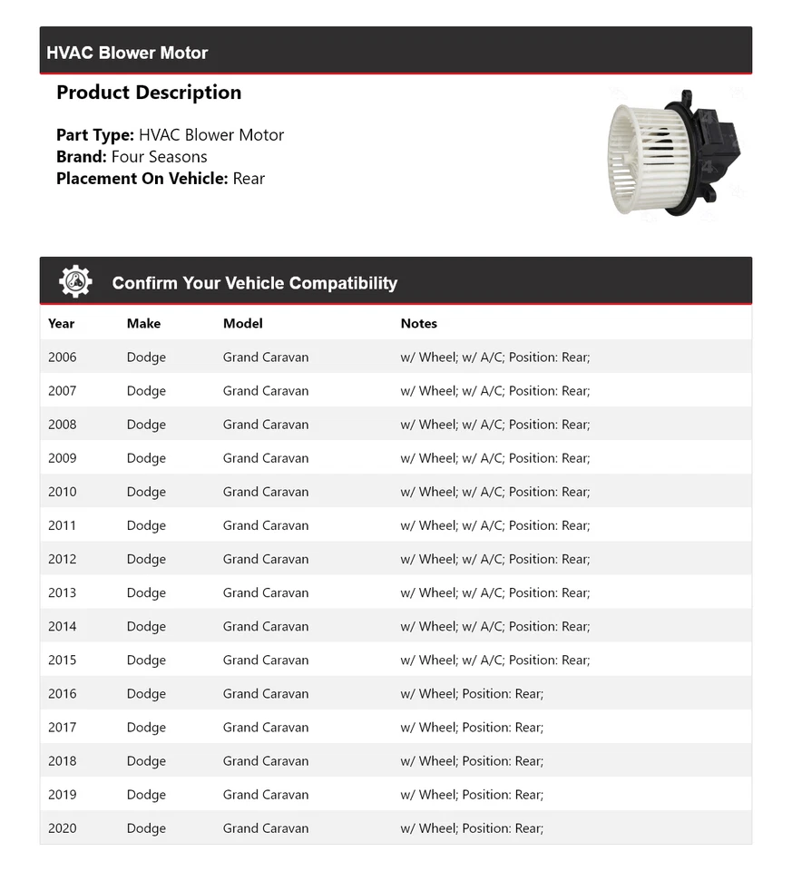 Задний двигатель вентилятора ОВК для Dodge Grand Caravan 2006-2020 годов выпуска 4 сезона 2007 2008 - Изображение 2 из 4
