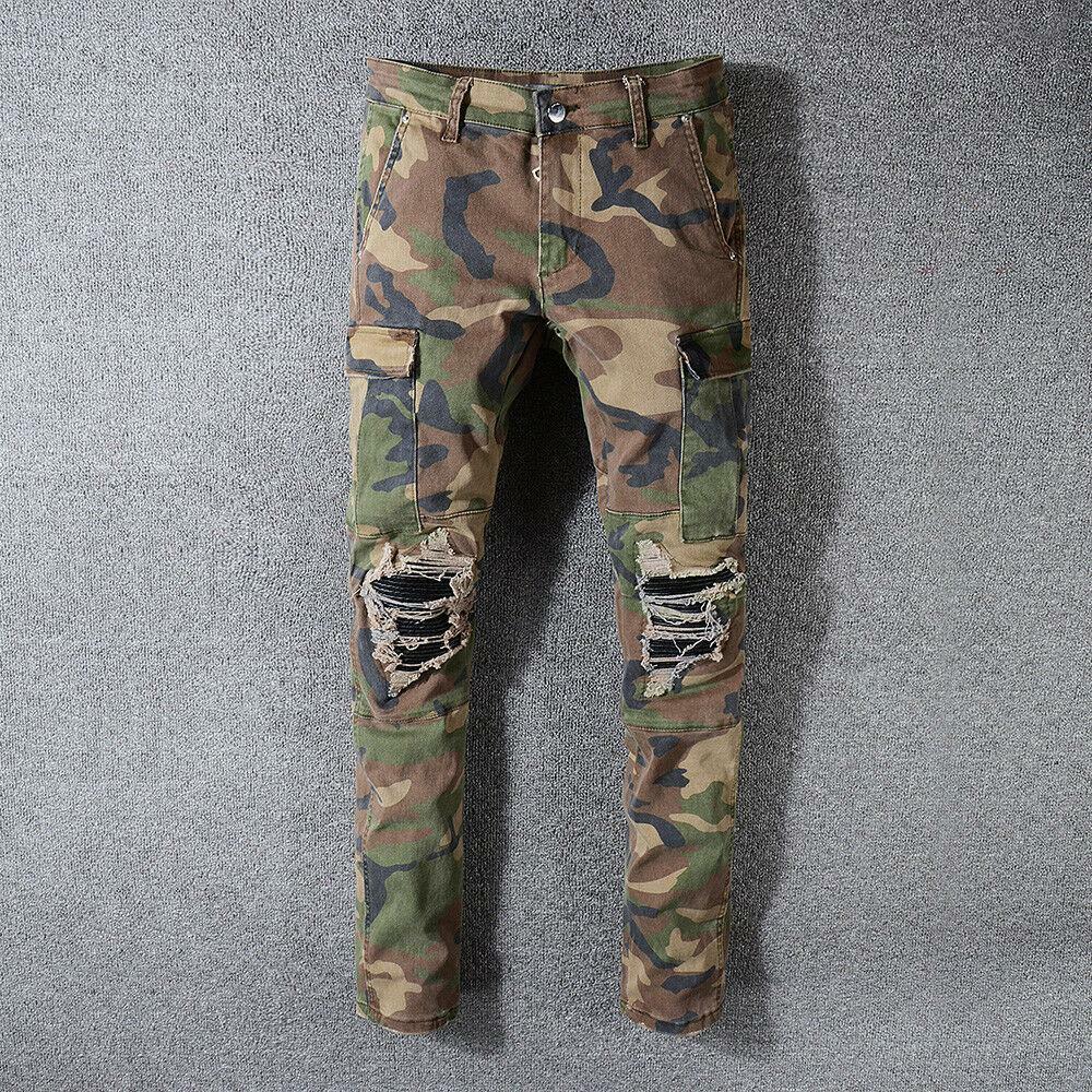 Men's Skinny Camouflage Jeans Army Style Stretch Frayed Slim Pants | eBay