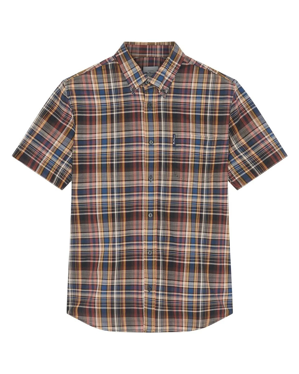 Ben Sherman Camicia Uomo A Maniche Corte, Quadri Irregular, 100% Cotone, Colletto Con Bottoni, Taglie 2XL-5XL