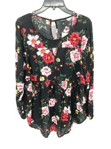 Torrid Top Womens 10-12 (00) Black Floral Long Sleeve Flowy Neck Cutout Boho