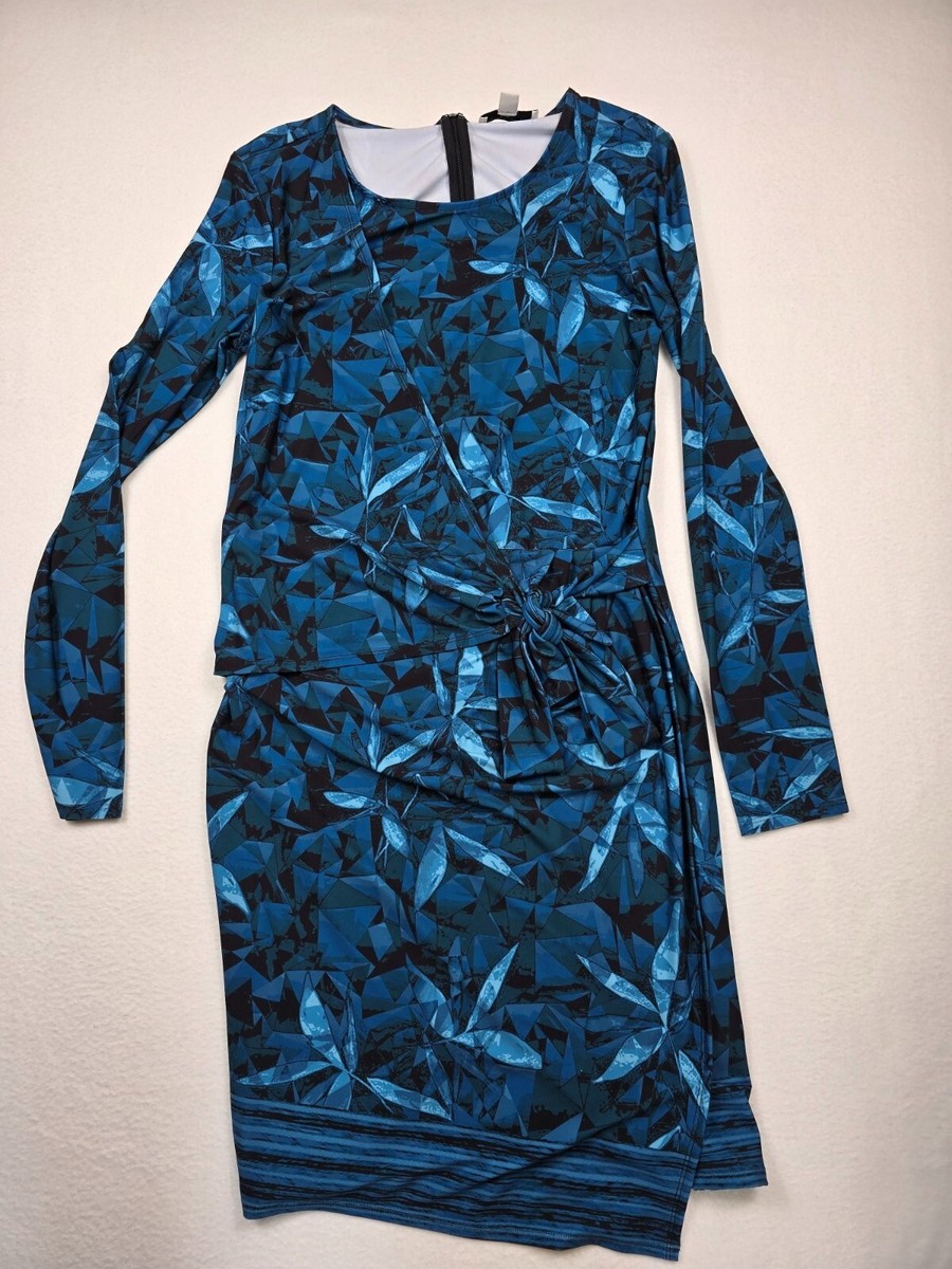 Halston Womens Blue Geometric Print Long Sleeve Faux Wrap Dress Back Zip S/P