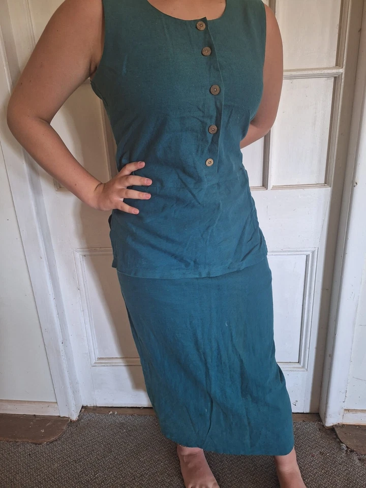 Aussie Craft Creations Dress XL Maxi Linen Cotton Turquoise Blue Sleeveless  - image 2 of 4
