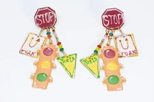 Lunch at the Ritz 1986 Long Enamel Traffic Light Stop Sign Earrings