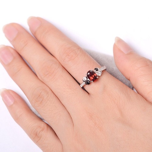 Minimal Red Garnet Ring Natural Gemstone Oval Cut 925 Sterling Silver Ring - Picture 3 of 5