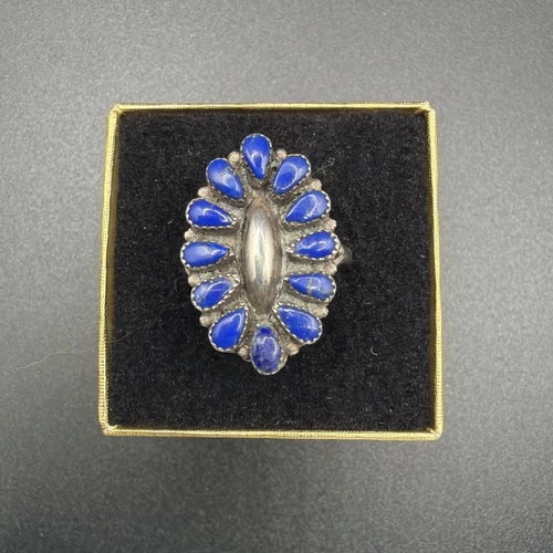 Vintage Mary Ann & Felix Chavez Zuni Sterling Silver 12 Lapis Stone Ring Sz 8