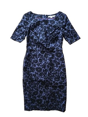 Boden 4P Petite FLEUR Blue Black Floral Woven Pique Fitted Dress Half Sleeve